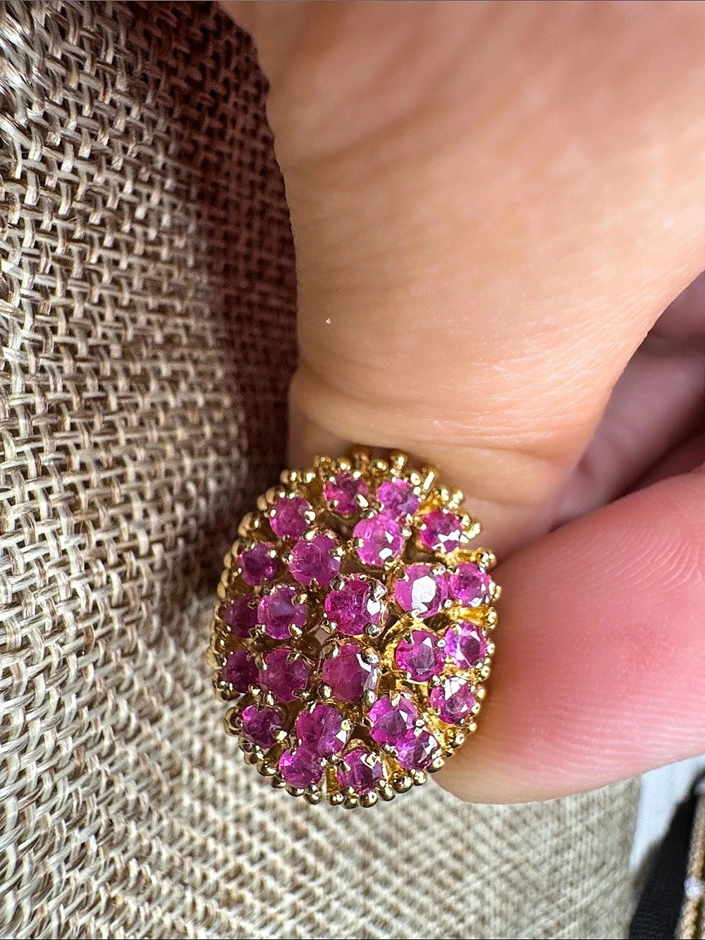 Mid Century Pink /Red Stone & Gold Cluster Ring